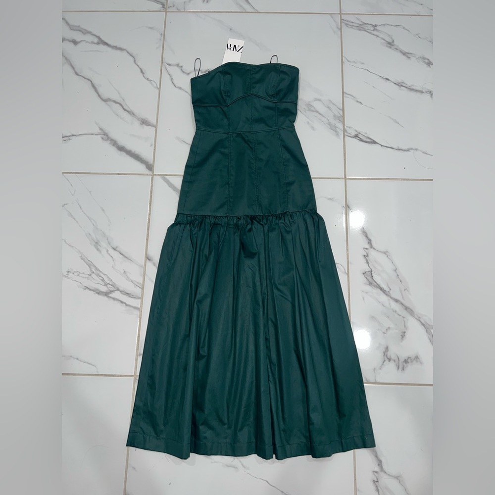 Zara Green Strapless Pleated Gown for Weddings